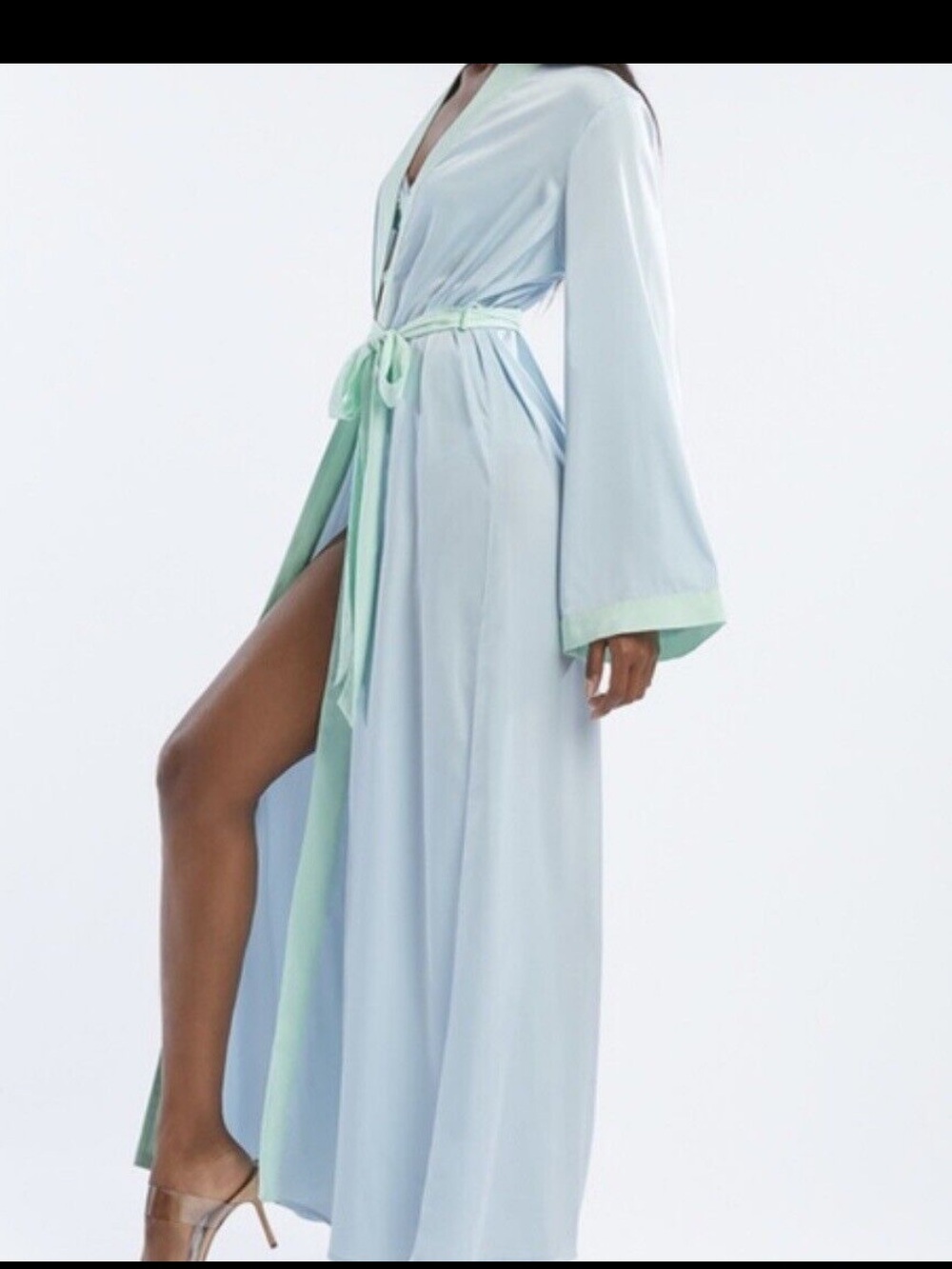 Robe Maxi Savage x Fenty Sky Blue Teal trim & Belt Size XS/SM Long Sleeve - Picture 5 of 15